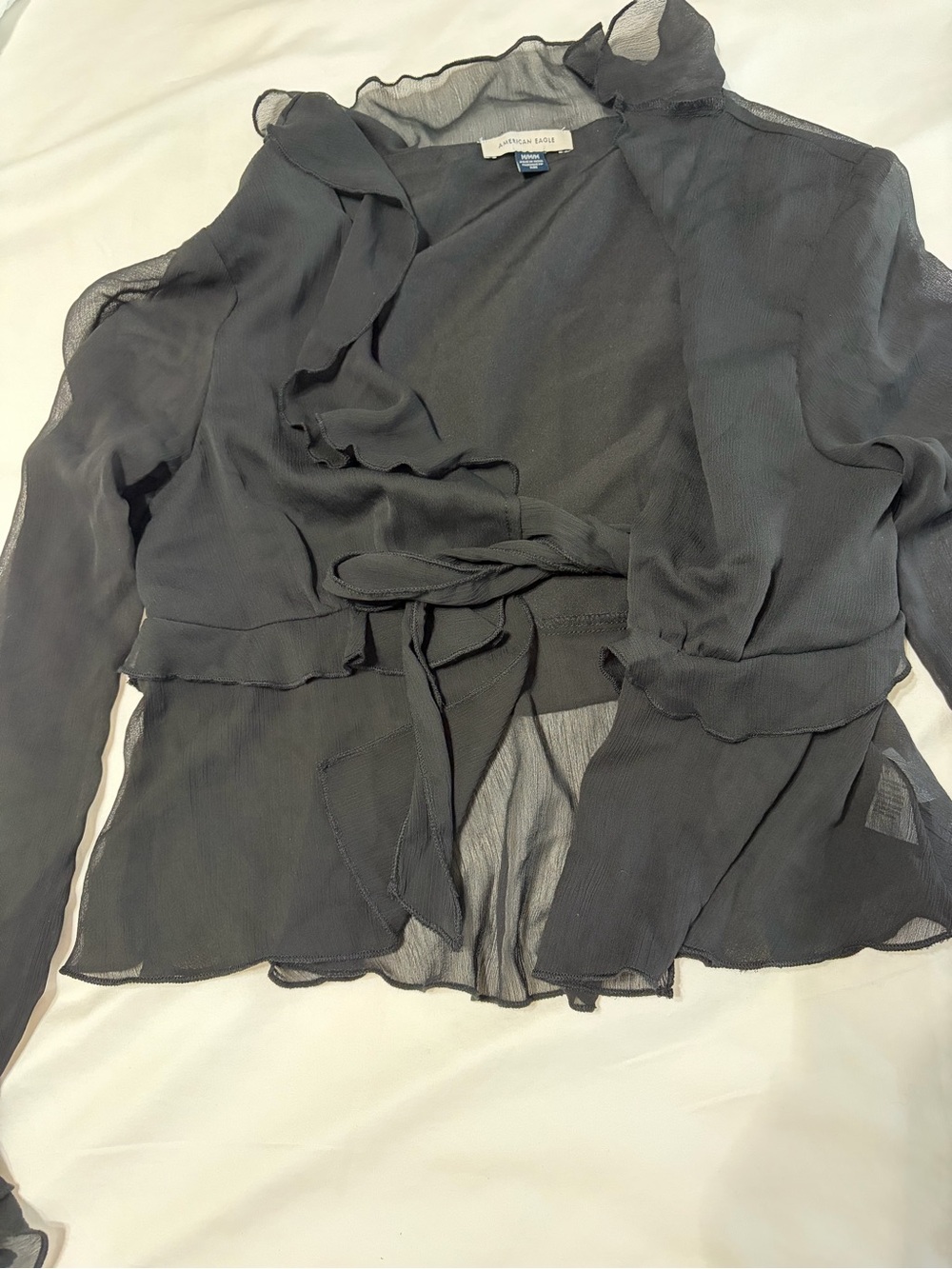 American Eagle Outfitters Black Ruffle V-Neck Sheer Sleeve Blouse - Picture 3 of 7